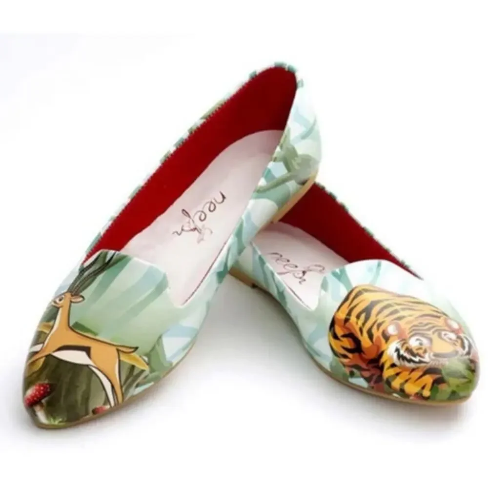 Reefs Flats Tiger Deer Wildlife Ballerina Forest Shoes Womens 36 Green Handmade